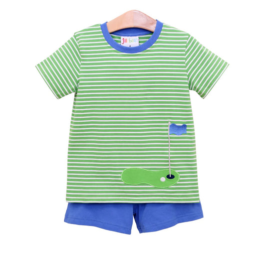 Green Striped Golf Appliqué Shorts Set