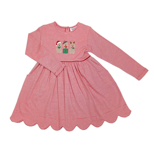 Girls' Christmas Dog Trio Dress with Scalloped Hem