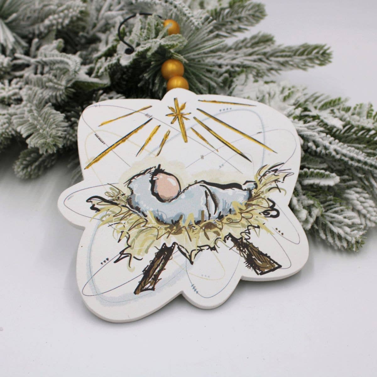 Hand-Embellished Cutout Wood Manger Ornament – 6"