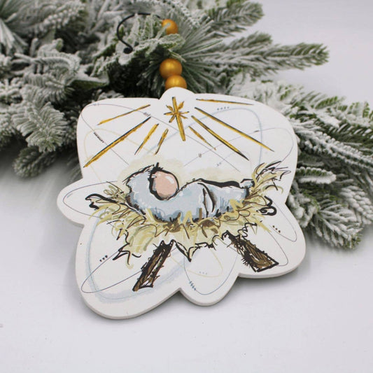 Hand-Embellished Cutout Wood Manger Ornament – 6"