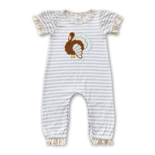Girls Turkey Stripe Short Ruffle Sleeve Thanksgiving Romper