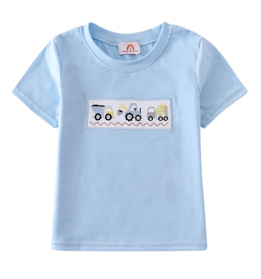 Light Blue Embroidered Construction Vehicles Top