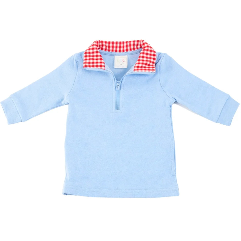 Girls Pullover Top in Baby Blue with Watermelon Pink Gingham Collar