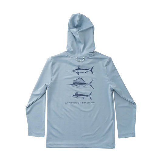 Performance Hoodie Tee - Blue with Swordfish, Sailfish, Marlin