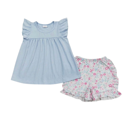 Light Blue & Floral Shorts Set