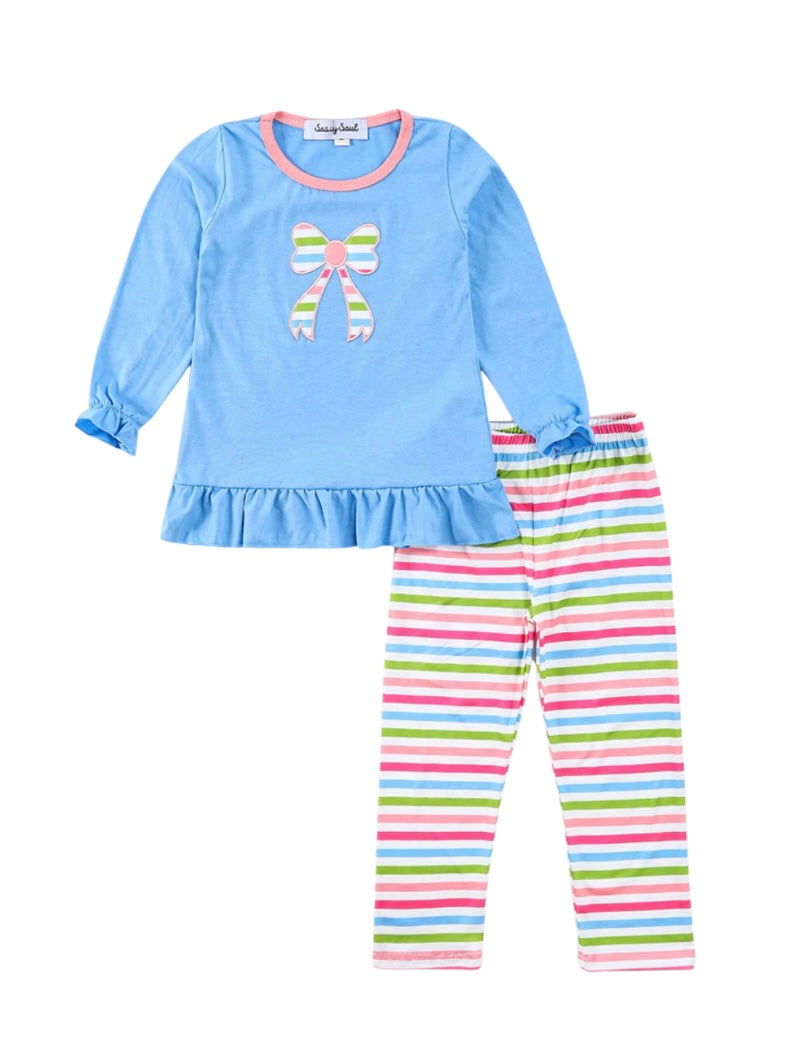 Colorful Striped Bow Appliqué Legging Set