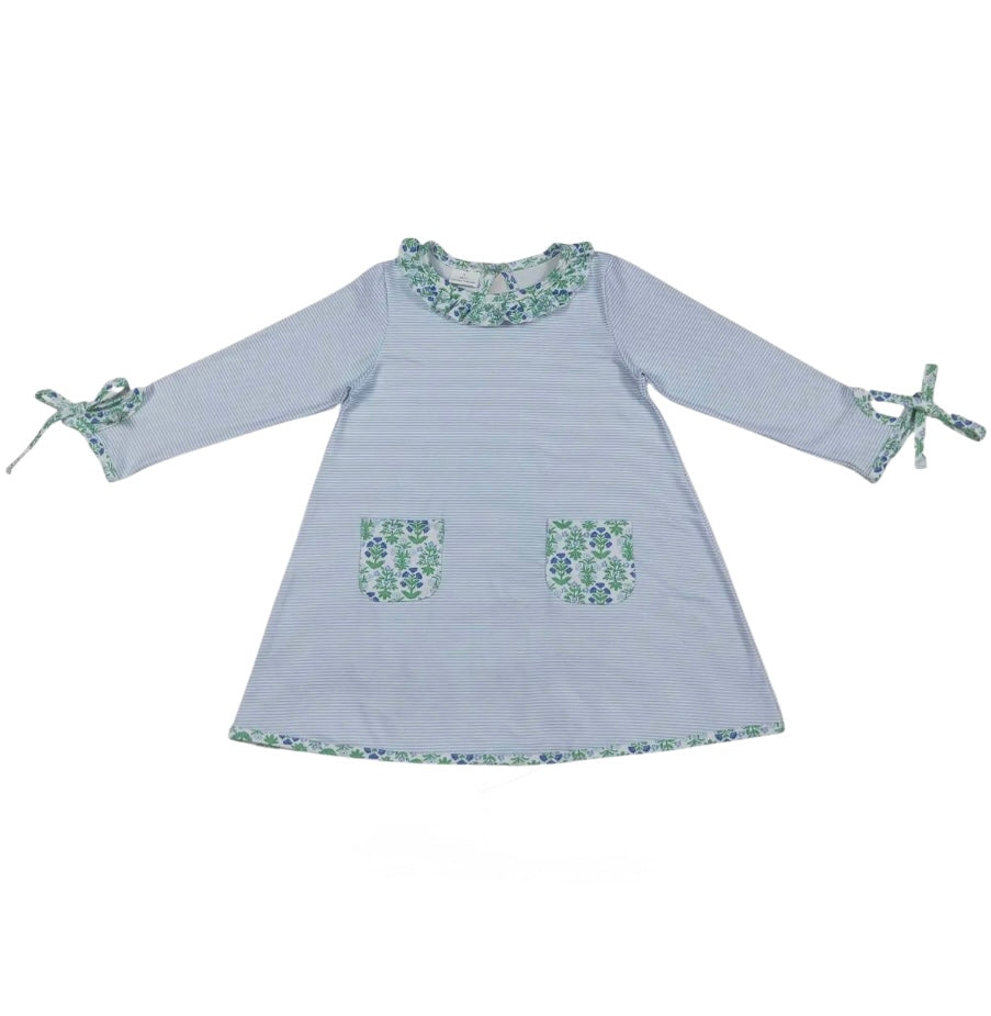 Light Blue + Green Floral Trim Pocket Dress