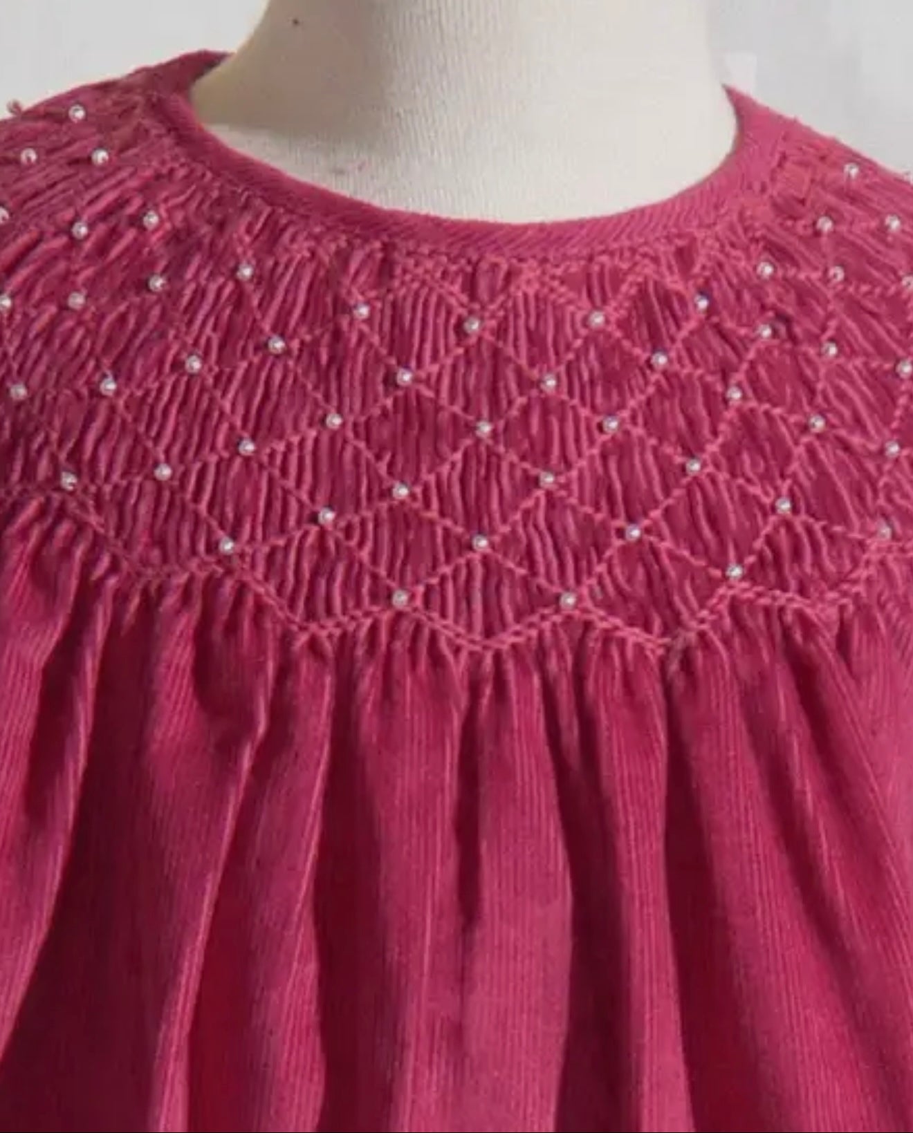 Corduroy Pearl Smocked Bishop Dress - Berry