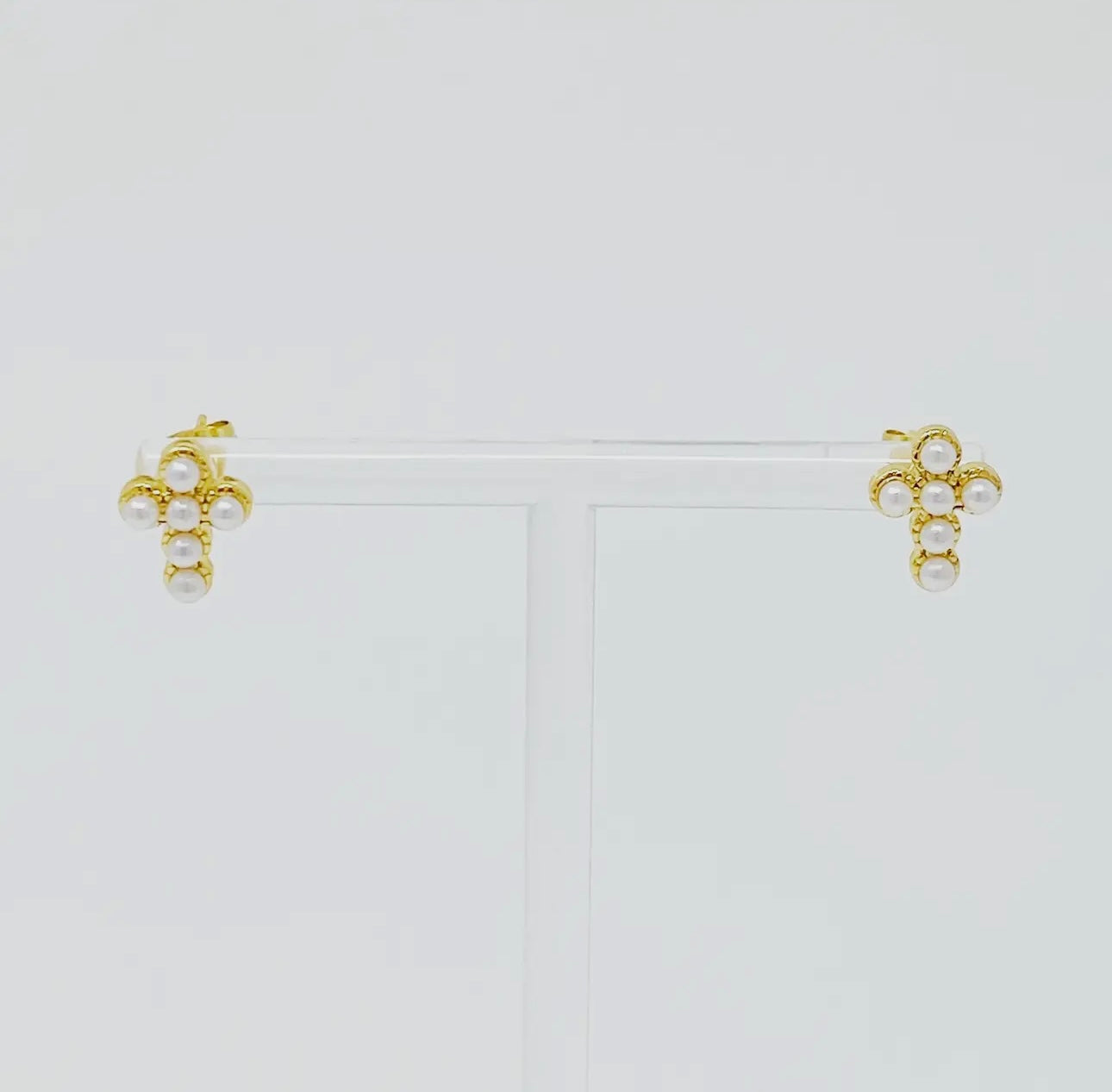 Gold Pearl Cross Stud Earrings