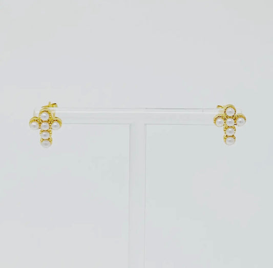 Gold Pearl Cross Stud Earrings