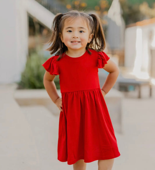 Red Flutter Sleeve Dress (Pockets)