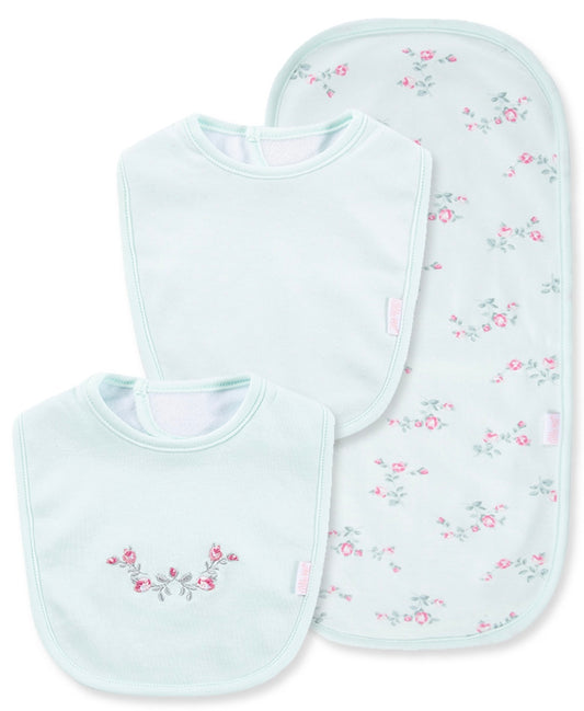 Embroidered Floral Mint Bib & Burp Cloth Set