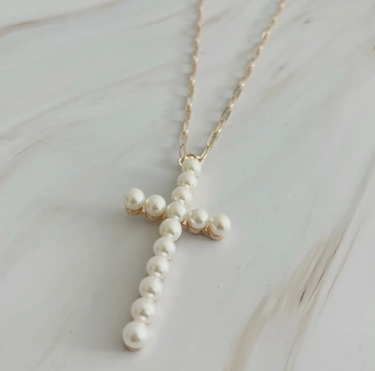 Long Gold Chain Pearl Cross Necklace