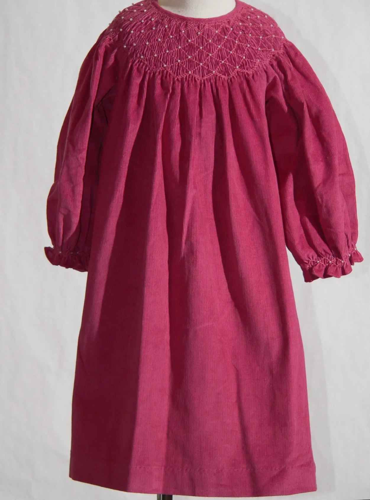 Corduroy Pearl Smocked Bishop Dress - Berry