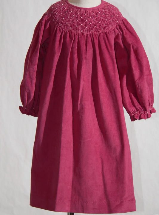 Corduroy Pearl Smocked Bishop Dress - Berry