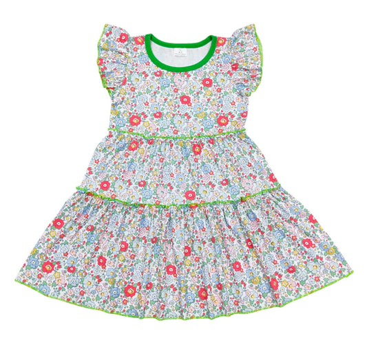 Green Trim Floral Tiered Dress