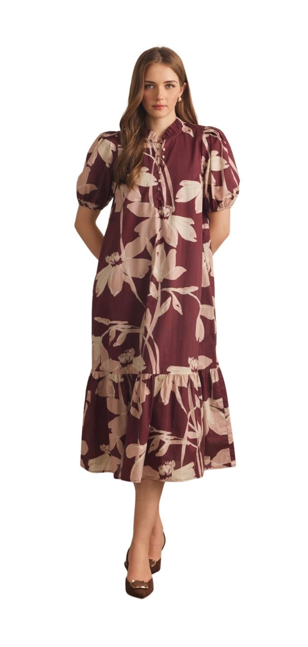 Wine Floral Midi Dress