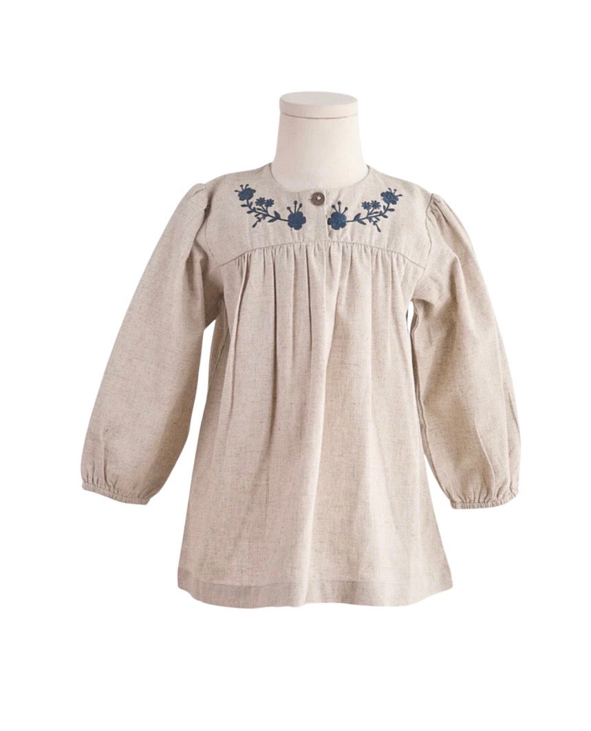 Khaki and Navy Floral Embroidered Linen Dress