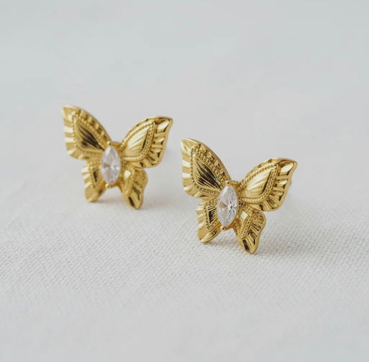 Gold Butterfly & Gemstone Stud Earrings