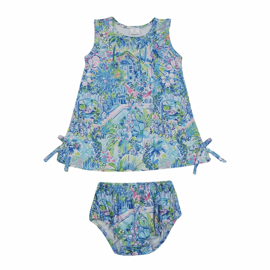 Blue & Green Tropical Dress/Diaper Cover Set