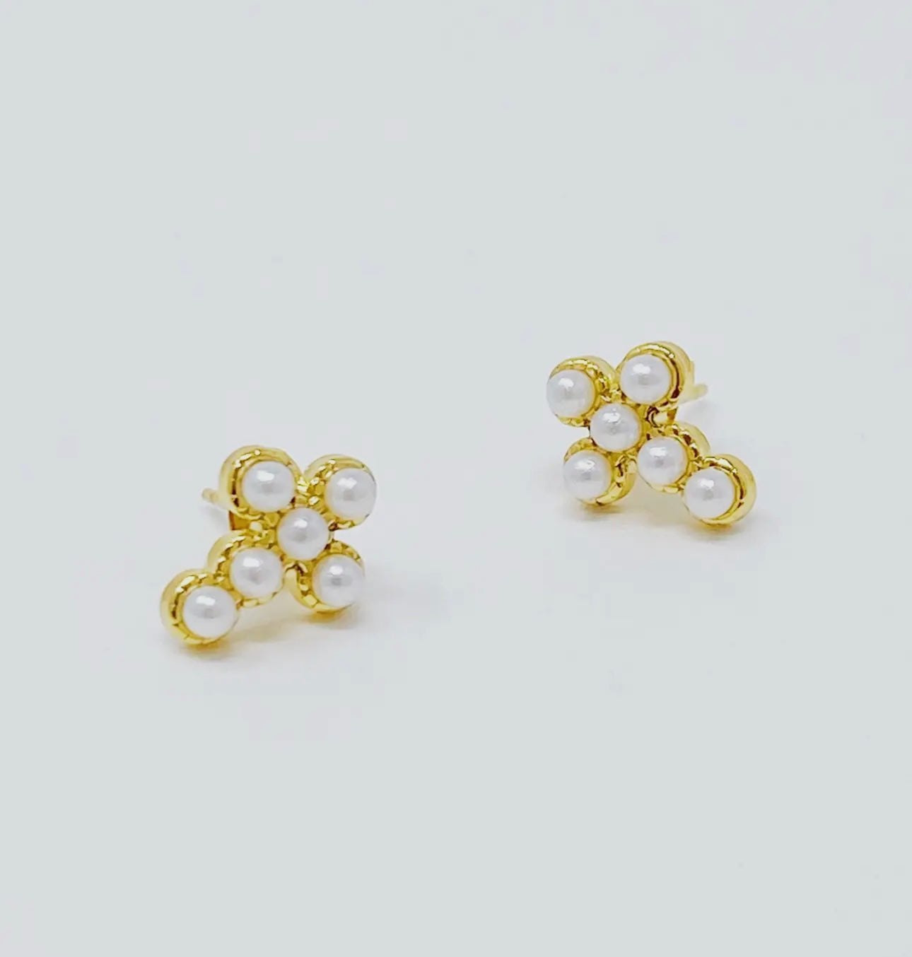 Gold Pearl Cross Stud Earrings