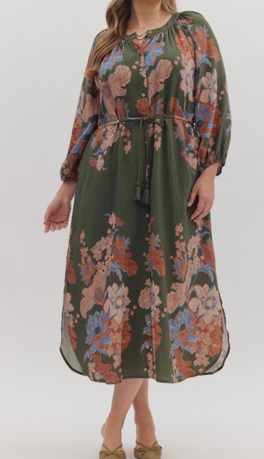 Olive Fall Floral Midi