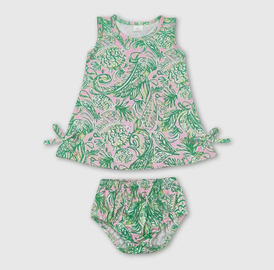 Pink and Green Dress & Diaper Cover Set