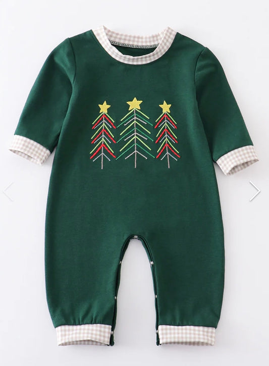 Green Tree Trio Embroidered Romper