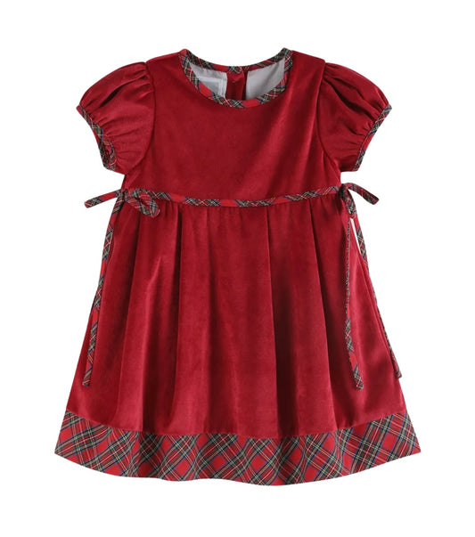 Red Velour & Christmas Plaid Bow Dress