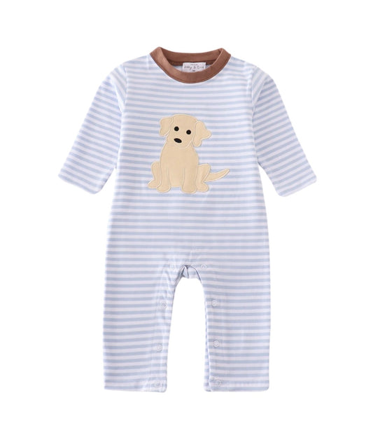 Light Blue & Brown Puppy Appliqué Romper