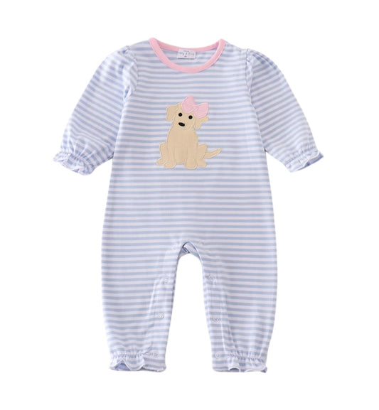 Light Blue & Pink Puppy Appliqué Romper