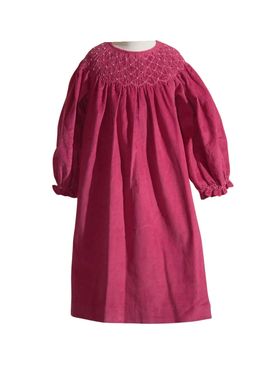 Corduroy Pearl Smocked Bishop Dress - Berry