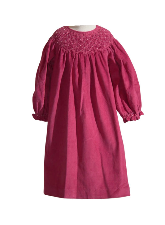 Corduroy Pearl Smocked Bishop Dress - Berry
