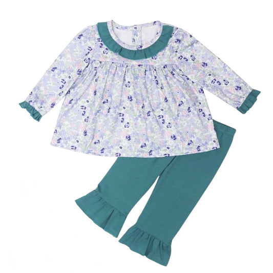 Teal & Purple Ruffle Floral Pant Set