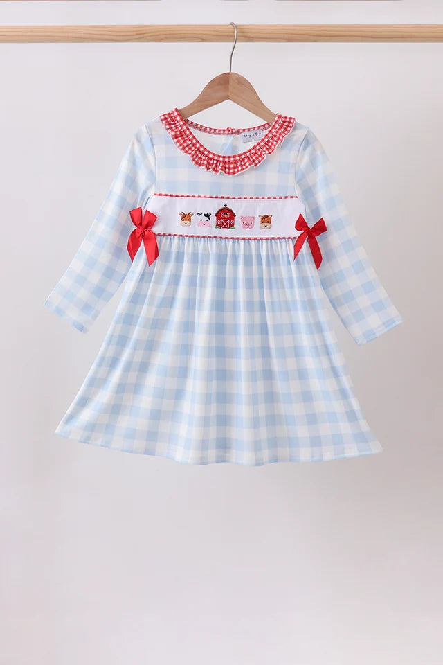 Girls Blue Farm Embroidery Ruffle Gingham Dress