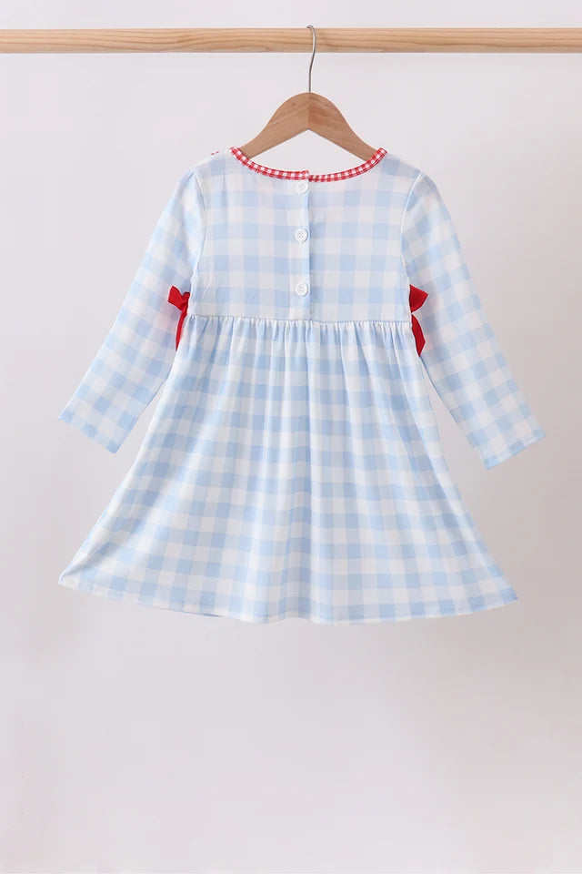 Girls Blue Farm Embroidery Ruffle Gingham Dress