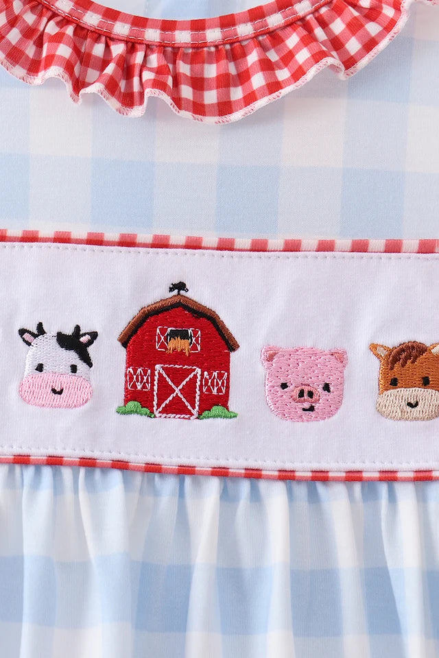 Girls Blue Farm Embroidery Ruffle Gingham Dress