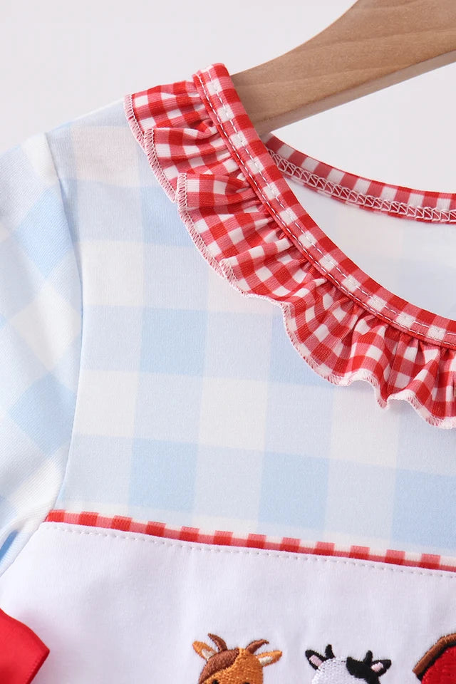 Girls Blue Farm Embroidery Ruffle Gingham Dress