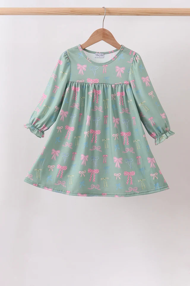 Girls Sage Bow Ruffle Dress