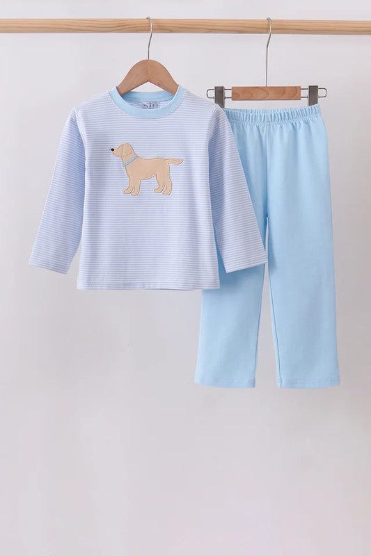 Blue and White Boys Embroidered Puppy Set