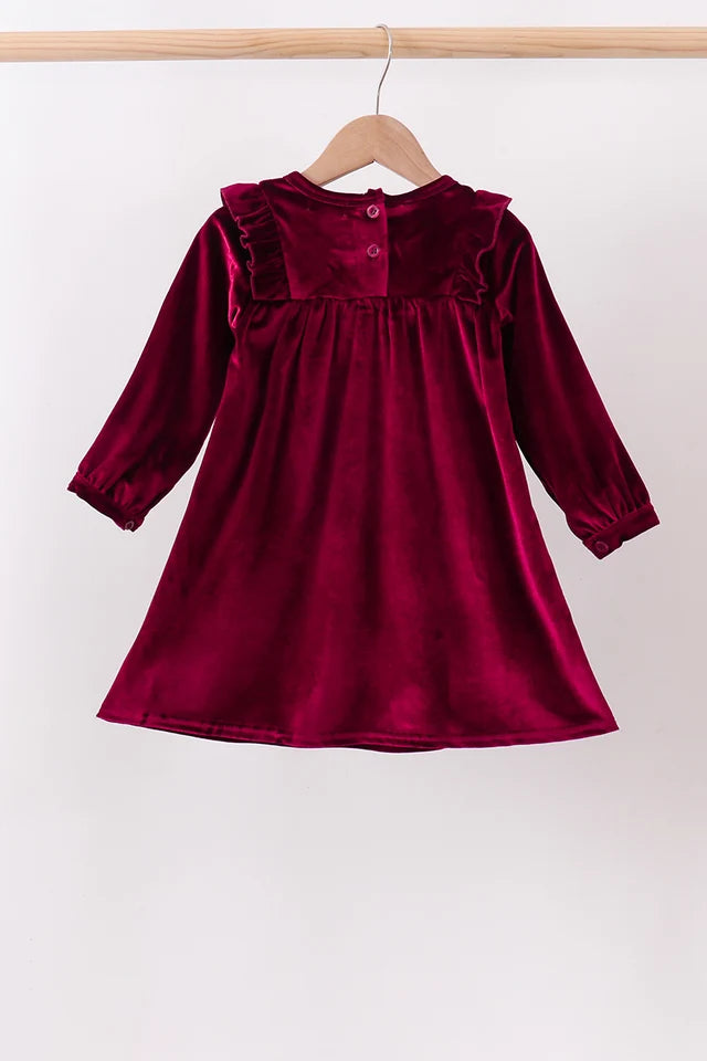 Girls Maroon Velvet Ruffle Dress
