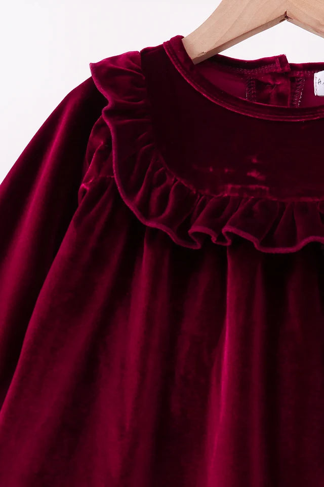 Girls Maroon Velvet Ruffle Dress