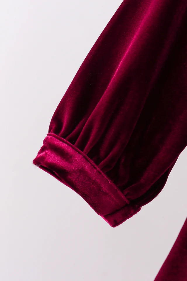 Girls Maroon Velvet Ruffle Dress