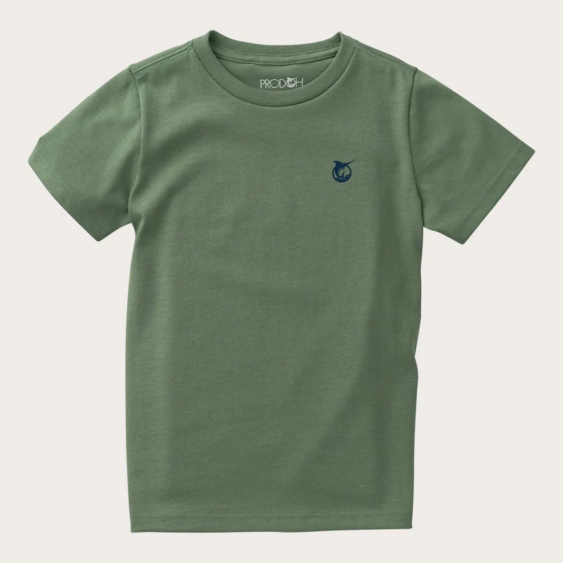 Prodoh Boys' Short Sleeve Cotton T-shirt in Hedge Green with Rainbow Trout Fish