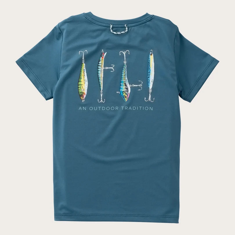Prodoh Boys' Pro Performance Short Sleeve T-shirt in Tapestry Blue with Fishing Lures