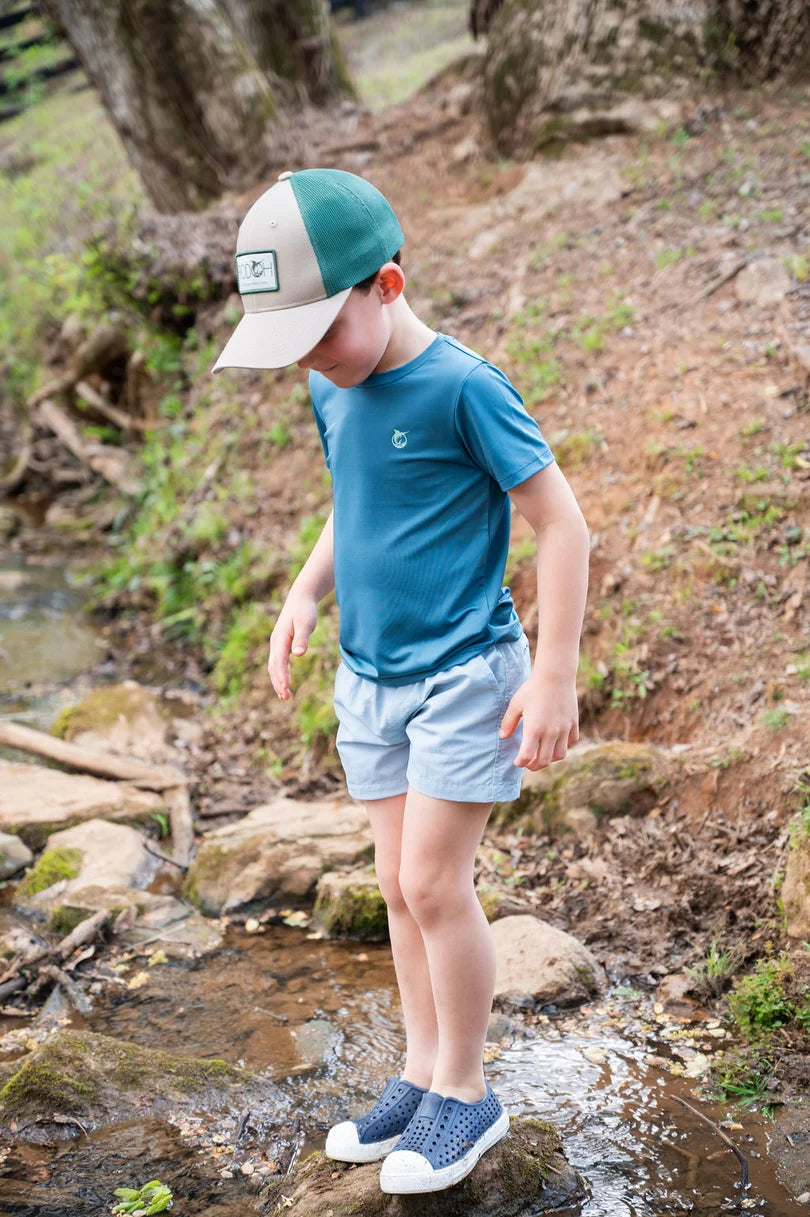 Prodoh Boys' Pro Performance Short Sleeve T-shirt in Tapestry Blue with Fishing Lures