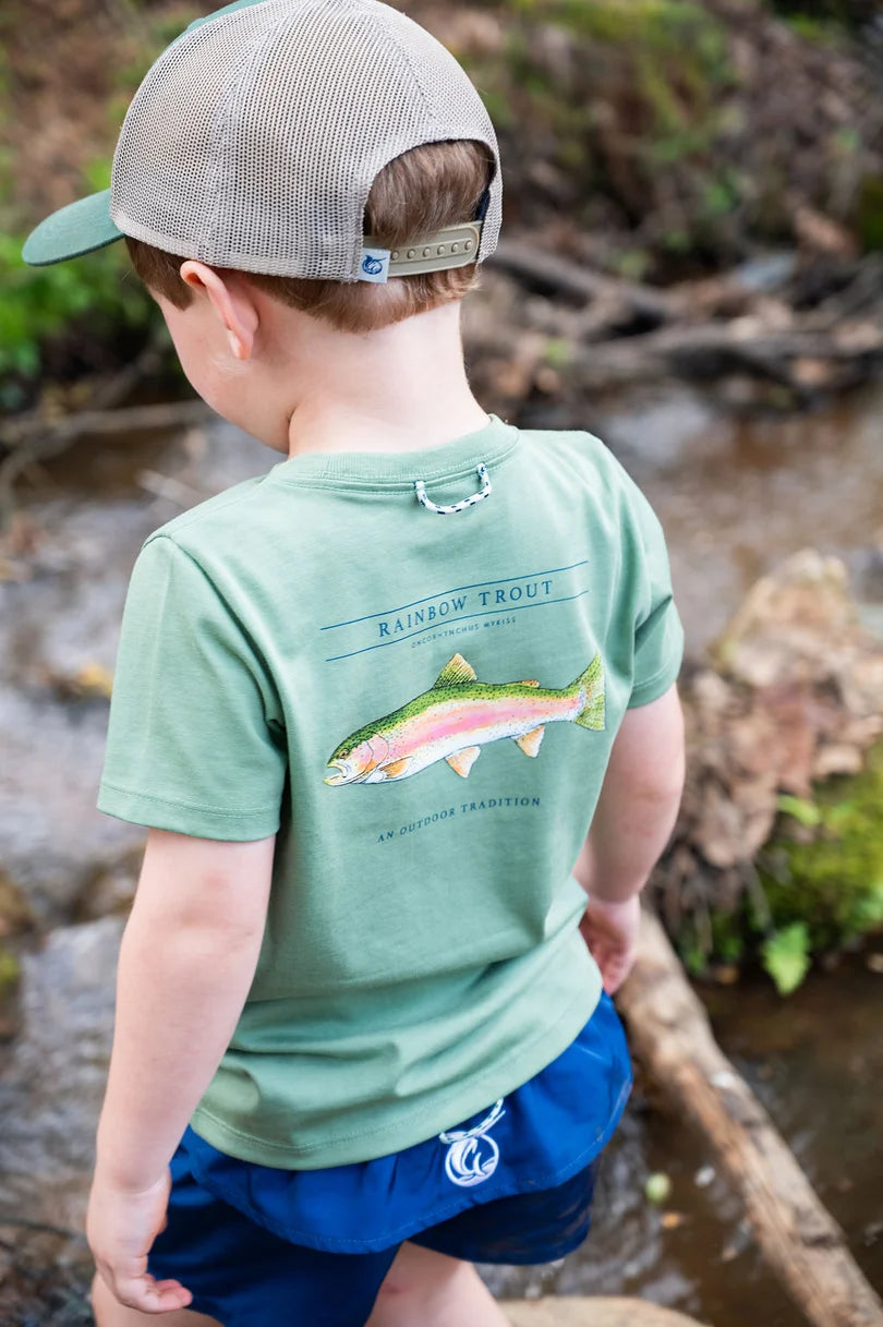 Prodoh Boys' Short Sleeve Cotton T-shirt in Hedge Green with Rainbow Trout Fish