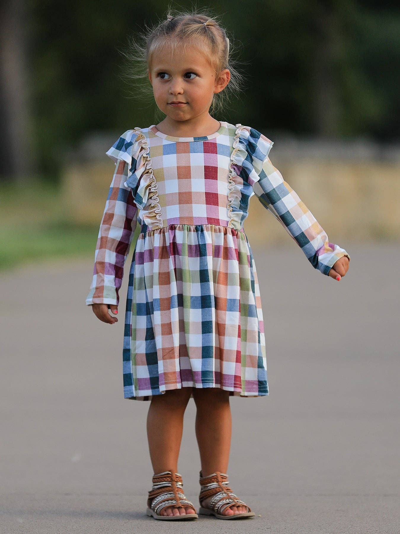 Girls' Thanksgiving Plaid Long Sleeve Dress